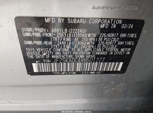 JF2SKADC4RH501227 2024 SUBARU FORESTER Silver ძრავის განყოფილების ხედი