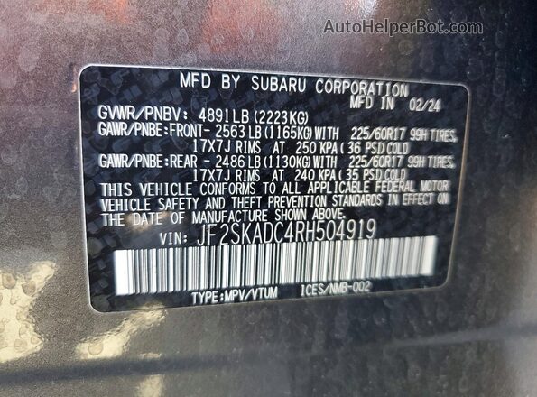 JF2SKADC4RH504919 2024 SUBARU FORESTER Charcoal VIN sticker view
