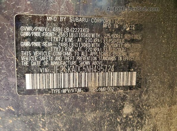 JF2SKADC5NH495724 2022 SUBARU FORESTER Charcoal Vista de la etiqueta del VIN