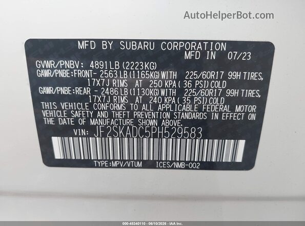 JF2SKADC5PH529583 2023 SUBARU FORESTER White 