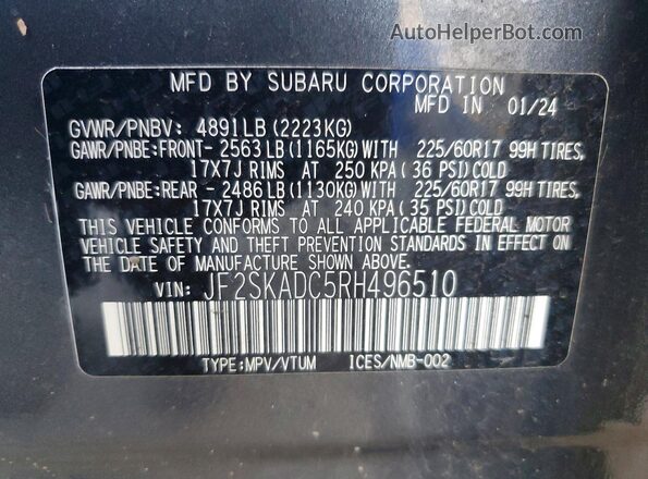 JF2SKADC5RH496510 2024 SUBARU FORESTER Gray Սալոնի 360 աստիճան տեսք
