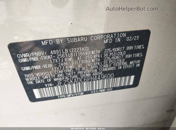 JF2SKADC6PH449600 2023 SUBARU FORESTER White ძრავის განყოფილების ხედი
