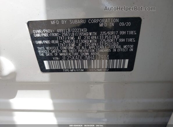 JF2SKADC7MH417914 2021 SUBARU FORESTER White Engine compartment view