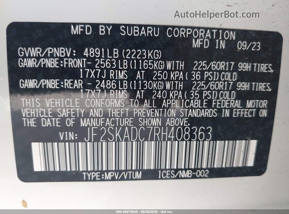 JF2SKADC7RH408363 2024 SUBARU FORESTER White Вид підкапотного простору