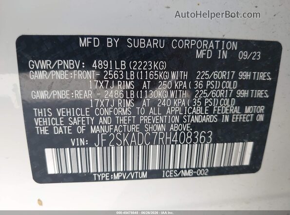 JF2SKADC7RH408363 2024 SUBARU FORESTER White 