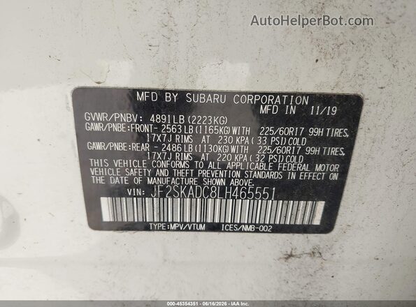 JF2SKADC8LH465551 2020 SUBARU FORESTER White Widok komory silnika