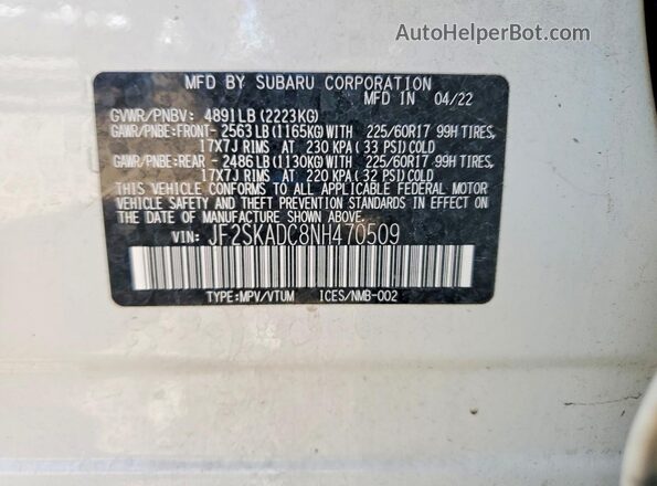 JF2SKADC8NH470509 2022 SUBARU FORESTER White Вид підкапотного простору