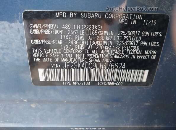JF2SKADC9LH476624 2020 SUBARU FORESTER Blue Շարժիչի բաժամունքի տեսք