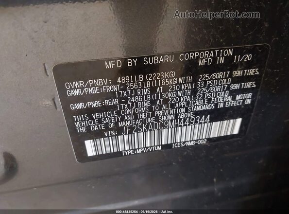 JF2SKADC9MH449344 2021 SUBARU FORESTER Gray Вид підкапотного простору