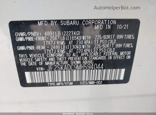 JF2SKADC9MH594044 2021 SUBARU FORESTER White Շարժիչի բաժամունքի տեսք