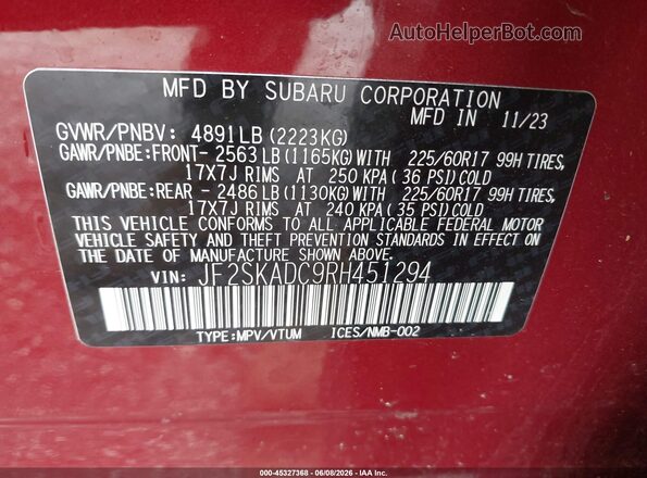 JF2SKADC9RH451294 2024 SUBARU FORESTER Red Շարժիչի բաժամունքի տեսք