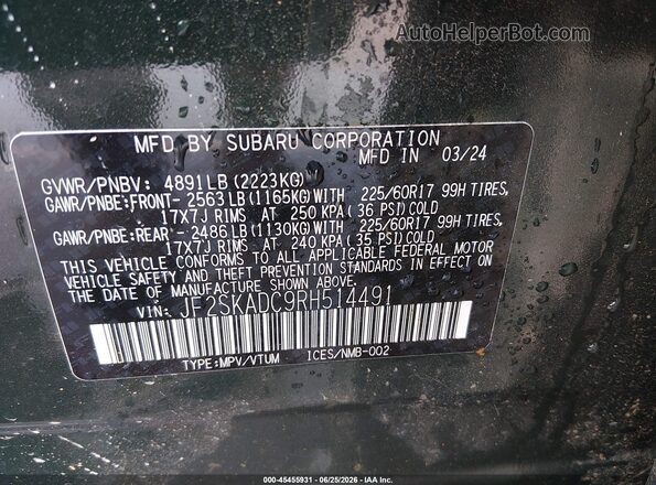 JF2SKADC9RH514491 2024 SUBARU FORESTER Green Շարժիչի բաժամունքի տեսք