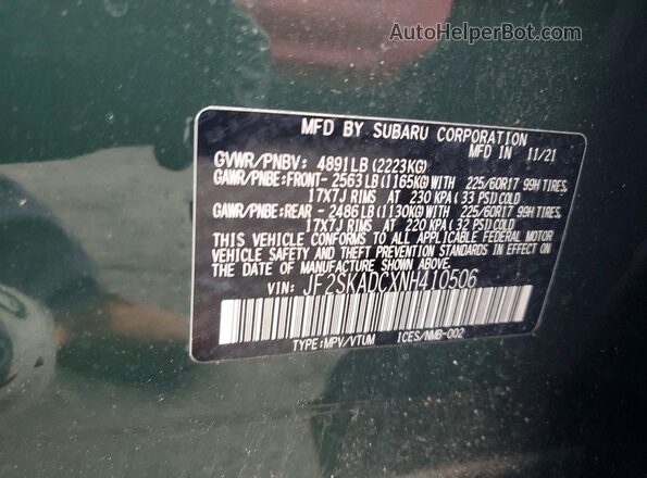 JF2SKADCXNH410506 2022 SUBARU FORESTER Green VIN sticker view