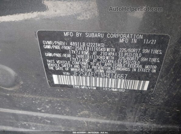 JF2SKAEC1NH414667 2022 SUBARU FORESTER Gray Вид підкапотного простору