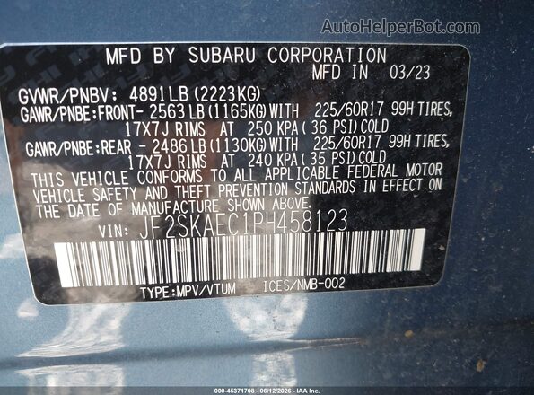 JF2SKAEC1PH458123 2023 SUBARU FORESTER Blue Widok komory silnika