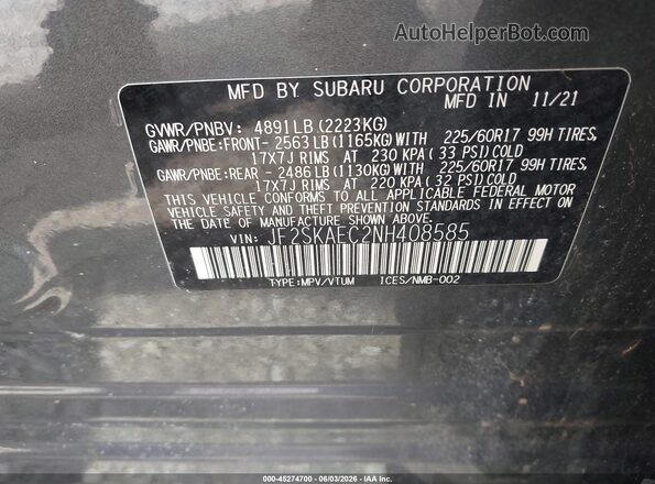 JF2SKAEC2NH408585 2022 SUBARU FORESTER Gray Widok komory silnika