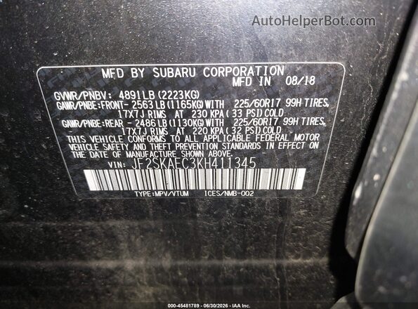 JF2SKAEC3KH411345 2019 SUBARU FORESTER Black Շարժիչի բաժամունքի տեսք