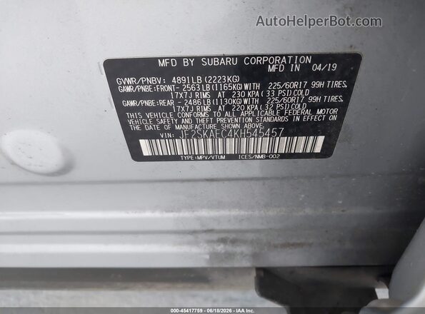 JF2SKAEC4KH545457 2019 SUBARU FORESTER Champagne Engine compartment view
