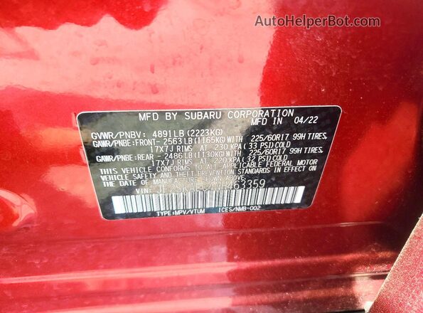 JF2SKAEC4NH463359 2022 SUBARU FORESTER Red VIN კოდის სტიკერის ხედი