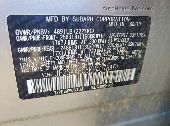 JF2SKAEC5KH407846 2019 SUBARU FORESTER Silver VIN sticker view
