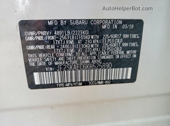 JF2SKAEC6KH525890 2019 SUBARU FORESTER White Vista del compartimento del motor