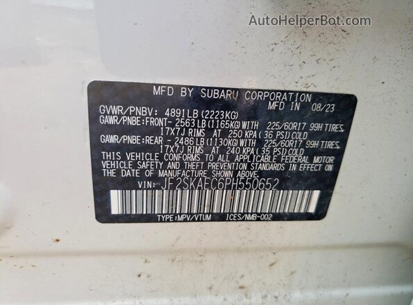 JF2SKAEC6PH550652 2023 SUBARU FORESTER White Vista de la etiqueta del VIN