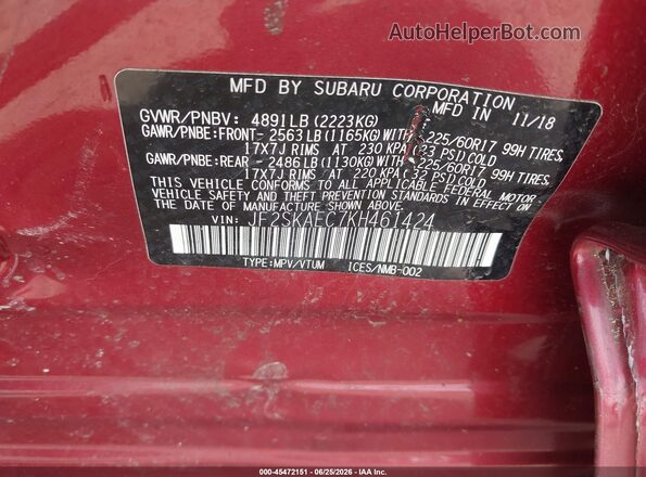 JF2SKAEC7KH461424 2019 SUBARU FORESTER Red Widok komory silnika