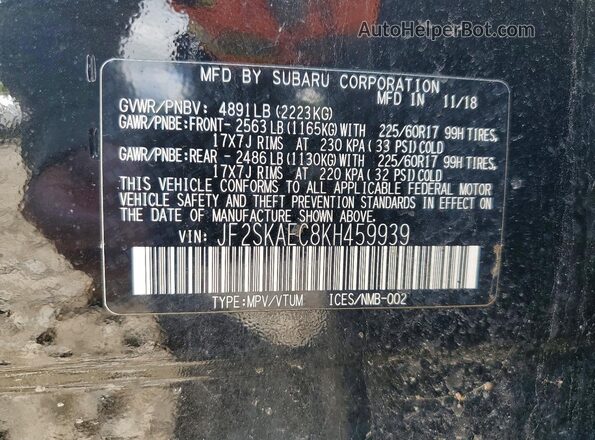 JF2SKAEC8KH459939 2019 SUBARU FORESTER Black Widok naklejki z numerem VIN
