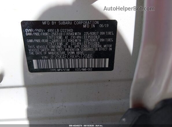 JF2SKAEC8KH572046 2019 SUBARU FORESTER White Widok komory silnika