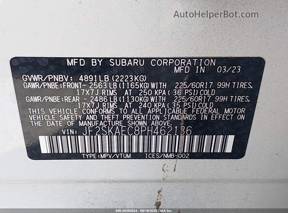 JF2SKAEC8PH462136 2023 SUBARU FORESTER Белый Вид подкапотного пространства