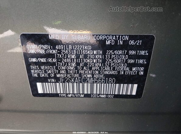 JF2SKAFC2MH566180 2021 SUBARU FORESTER Green Vista del compartimento del motor