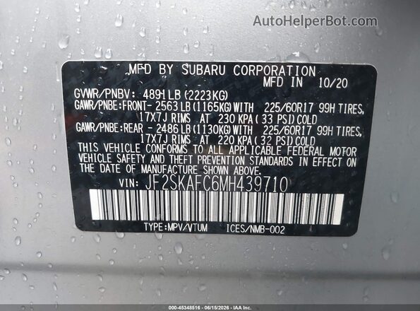JF2SKAFC6MH439710 2021 SUBARU FORESTER Gray ძრავის განყოფილების ხედი