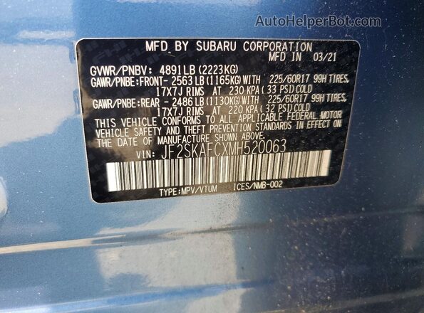 JF2SKAFCXMH520063 2021 SUBARU FORESTER Blue 