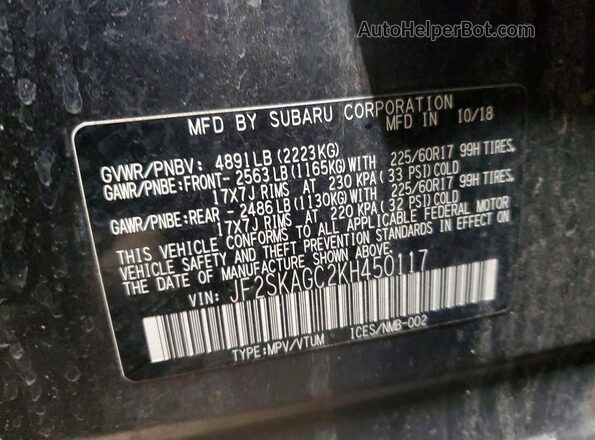 JF2SKAGC2KH450117 2019 SUBARU FORESTER Charcoal Widok naklejki z numerem VIN