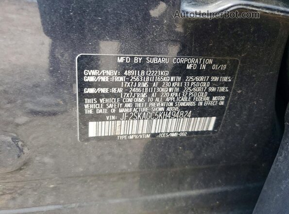 JF2SKAGC5KH494824 2019 SUBARU FORESTER Gray Vista de la etiqueta del VIN