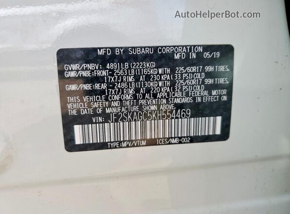 JF2SKAGC5KH554469 2019 SUBARU FORESTER Белый Вид наклейки с VIN-кодом