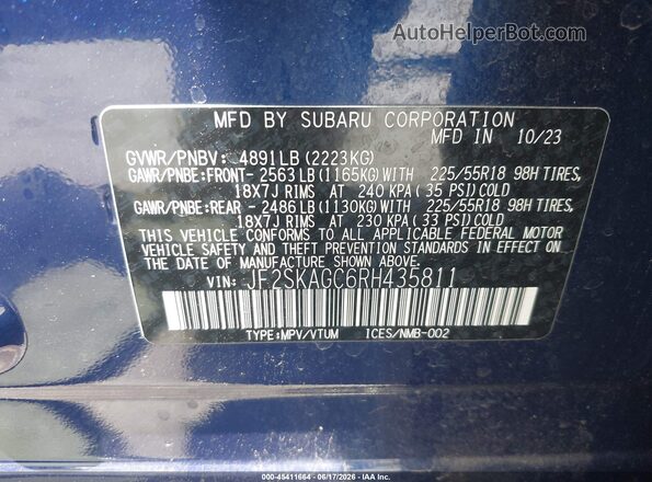 JF2SKAGC6RH435811 2024 SUBARU FORESTER Синий Вид подкапотного пространства
