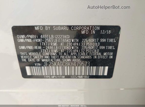 JF2SKAGC8KH479573 2019 SUBARU FORESTER White Vista del compartimento del motor