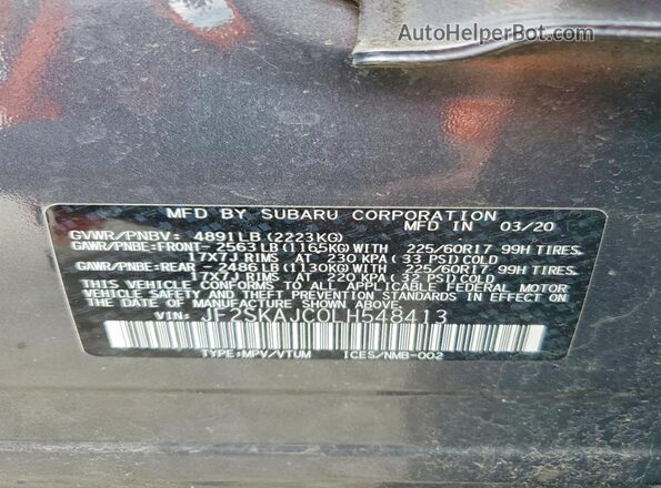 JF2SKAJC0LH548413 2020 SUBARU FORESTER Charcoal Vista de la etiqueta del VIN