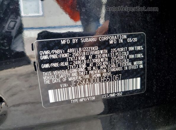JF2SKAJC0LH551067 2020 SUBARU FORESTER Черный Вид наклейки с VIN-кодом