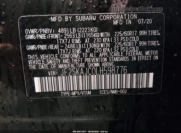 JF2SKAJC0LH598776 2020 SUBARU FORESTER Black Vista del compartimento del motor