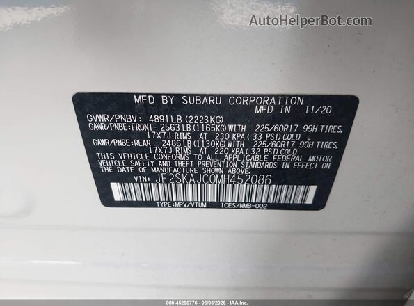 JF2SKAJC0MH452086 2021 SUBARU FORESTER White Engine compartment view