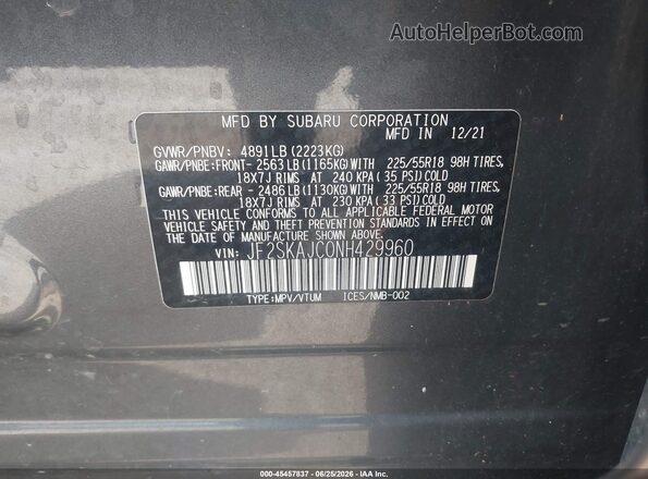 JF2SKAJC0NH429960 2022 SUBARU FORESTER Gray Вид підкапотного простору