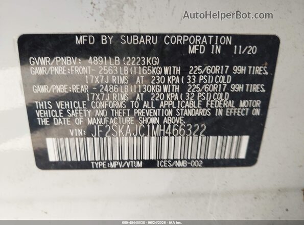 JF2SKAJC1MH466322 2021 SUBARU FORESTER White Вид підкапотного простору