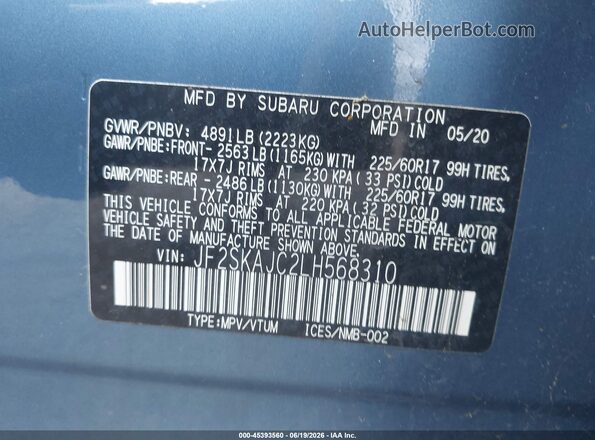 JF2SKAJC2LH568310 2020 SUBARU FORESTER Blue Вид підкапотного простору