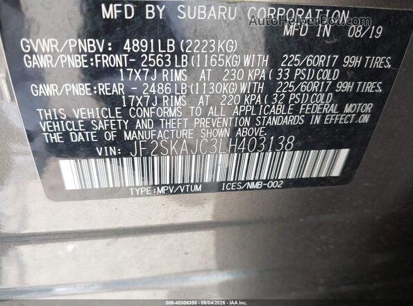 JF2SKAJC3LH403138 2020 SUBARU FORESTER Gray 
