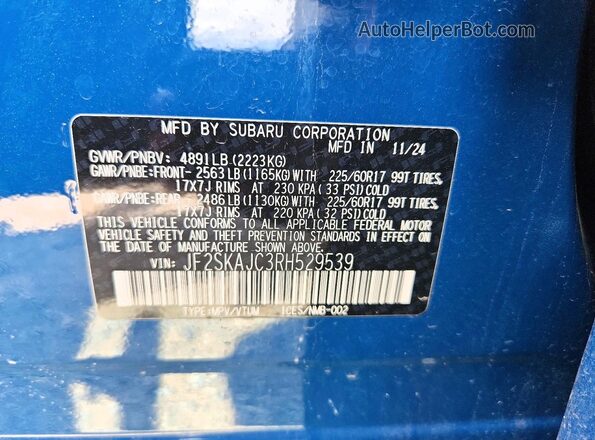 JF2SKAJC3RH529539 2024 SUBARU FORESTER Blue Вид підкапотного простору