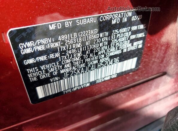 JF2SKAJC4LH520436 2020 SUBARU FORESTER Red Vista de la etiqueta del VIN
