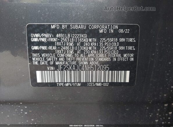 JF2SKAJC4NH512095 2022 SUBARU FORESTER Black Widok komory silnika