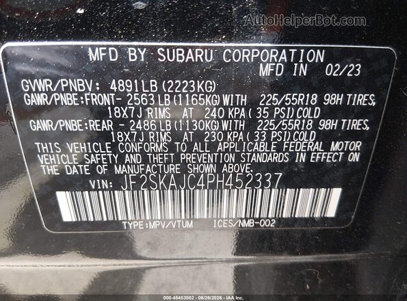 JF2SKAJC4PH452337 2023 SUBARU FORESTER Black ძრავის განყოფილების ხედი